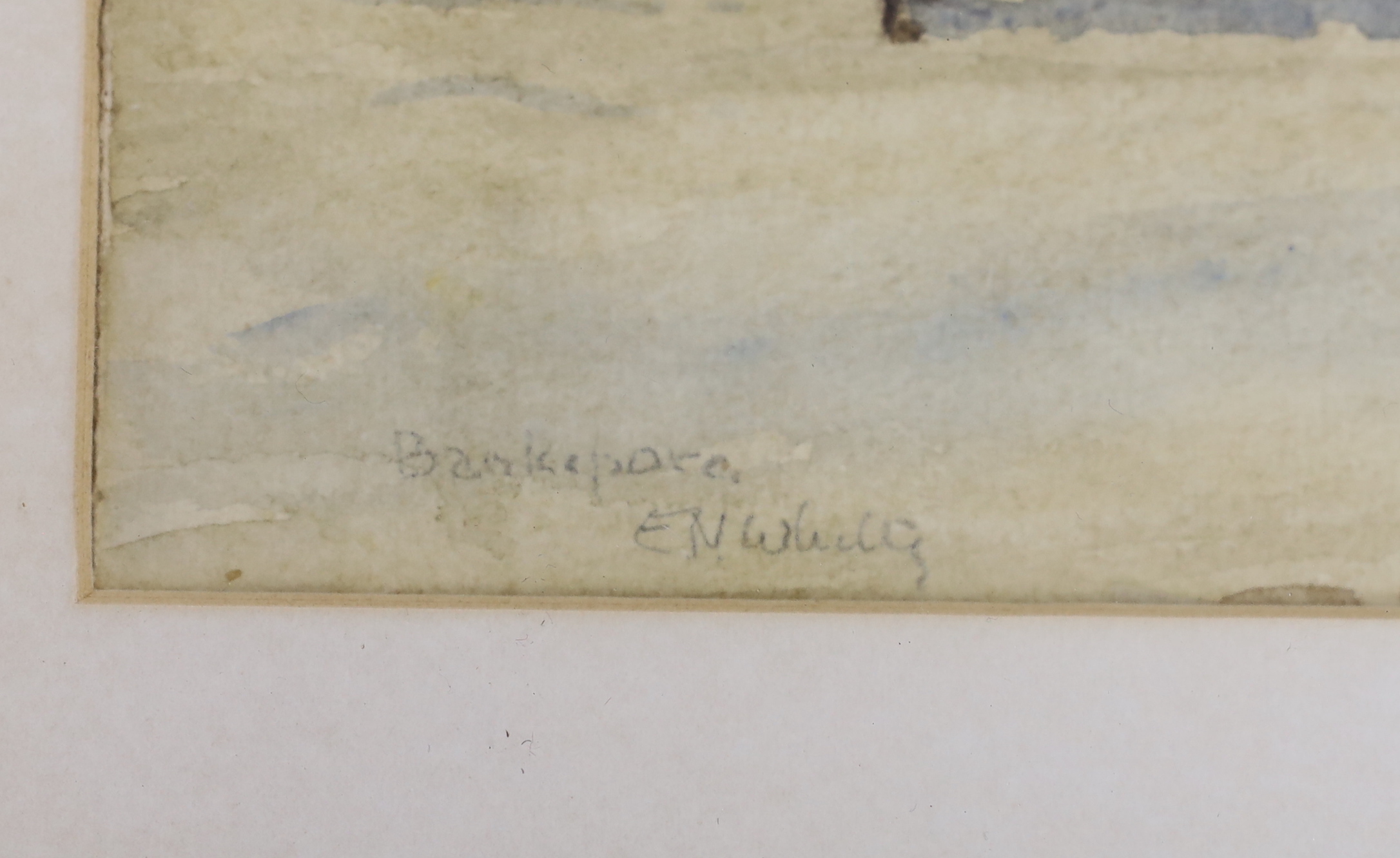 E.N. Whitty, watercolour, figures before buildings Bankapora, India, signed and inscribed, 39 x 27cm